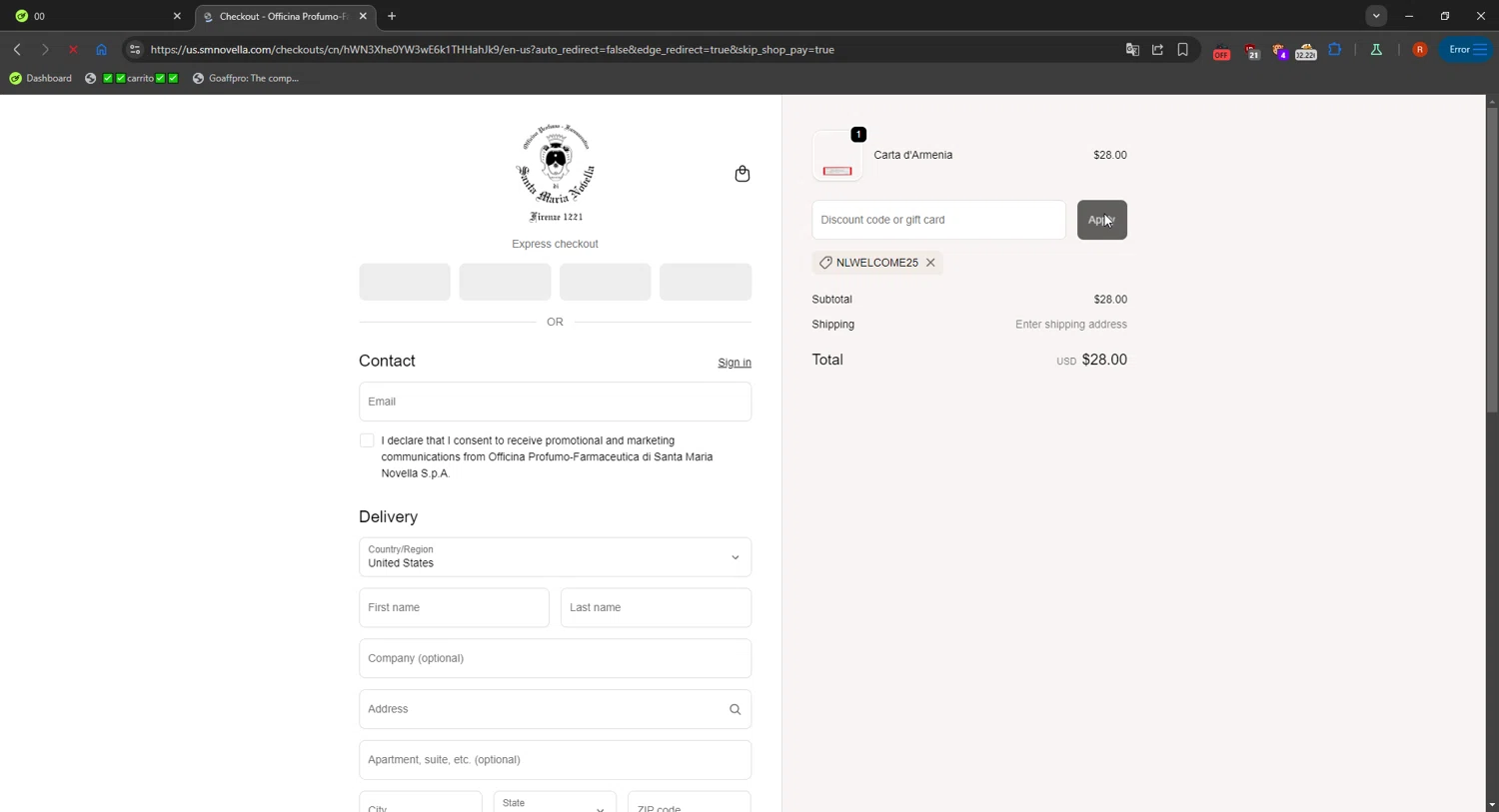 Santa Maria Novella USA promo code screenshot showing code NLWELCOME25 applied at Santa Maria Novella USA checkout page. Uploaded by SimplyCodes community member RebateCaptain6918 on Sep 29, 2025