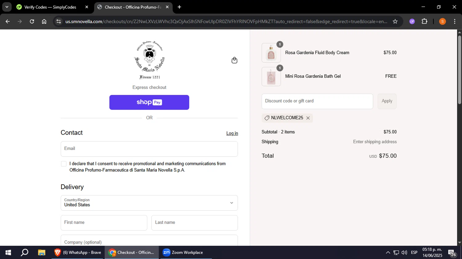 Santa Maria Novella USA promo code screenshot showing code NLWELCOME25 applied at Santa Maria Novella USA checkout page. Uploaded by SimplyCodes community member StevenZarraga on Jun 14, 2025