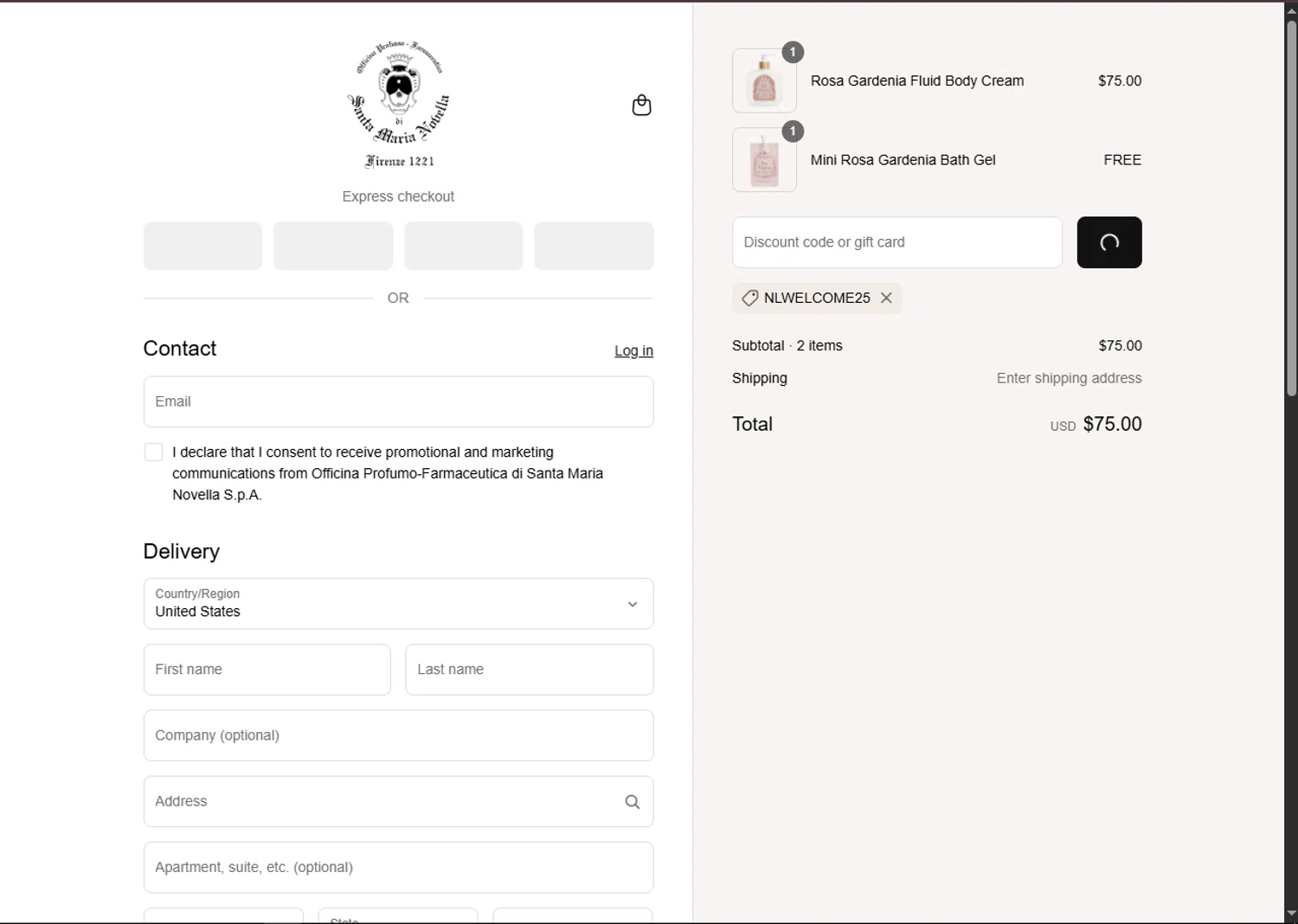 Santa Maria Novella USA promo code screenshot showing code NLWELCOME25 applied at Santa Maria Novella USA checkout page. Uploaded by SimplyCodes community member VoucherFinder3467 on Jun 28, 2025