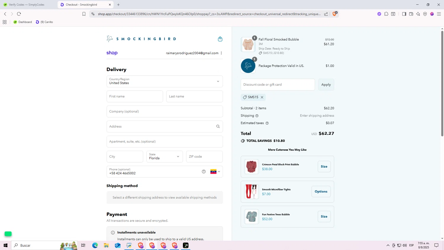 Smockingbird discount code screenshot showing code SMS15 applied at Smockingbird checkout page. Uploaded by SimplyCodes community member Nezukooo on Aug 8, 2025