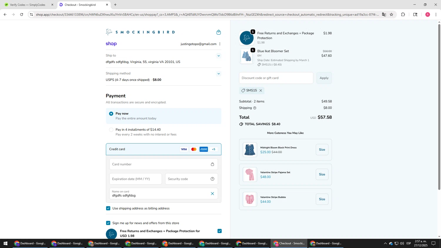 Smockingbird discount code screenshot showing code SMS15 applied at Smockingbird checkout page. Uploaded by SimplyCodes community member TTTT55 on Dec 27, 2025