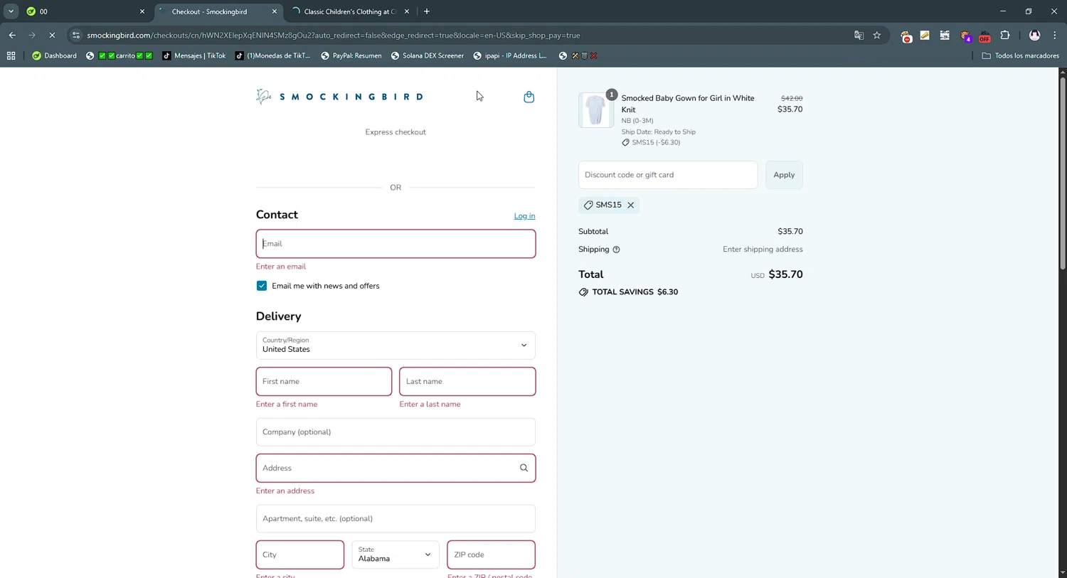 Smockingbird discount code screenshot showing code SMS15 applied at Smockingbird checkout page. Uploaded by SimplyCodes community member gribethr on Sep 3, 2025