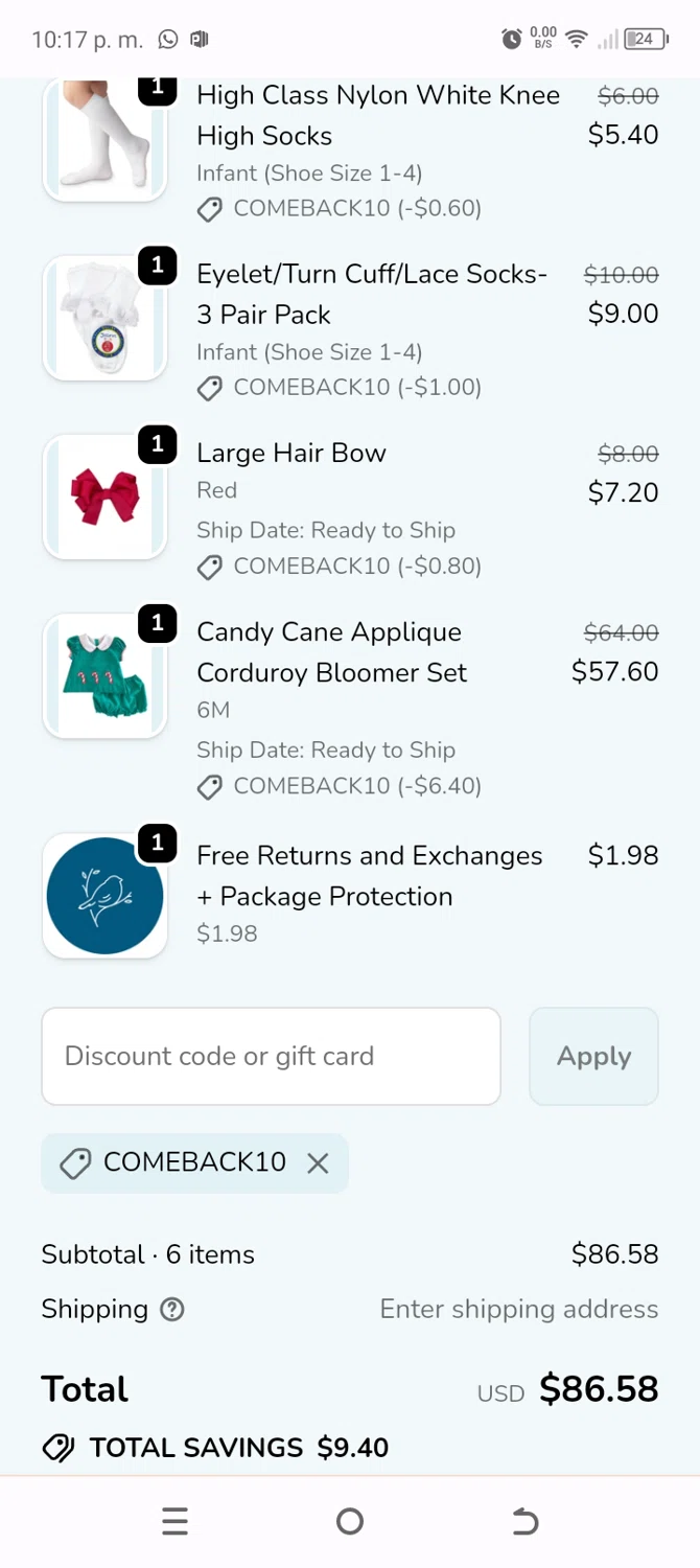 Smockingbird discount code screenshot showing code COMEBACK10 applied at Smockingbird checkout page. Uploaded by SimplyCodes community member BonusChaser4306 on Oct 22, 2025