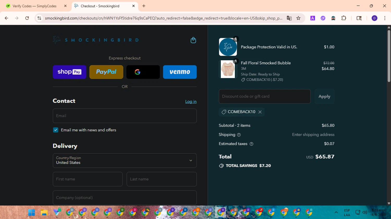 Smockingbird discount code screenshot showing code COMEBACK10 applied at Smockingbird checkout page. Uploaded by SimplyCodes community member PromoLion4240 on Aug 8, 2025