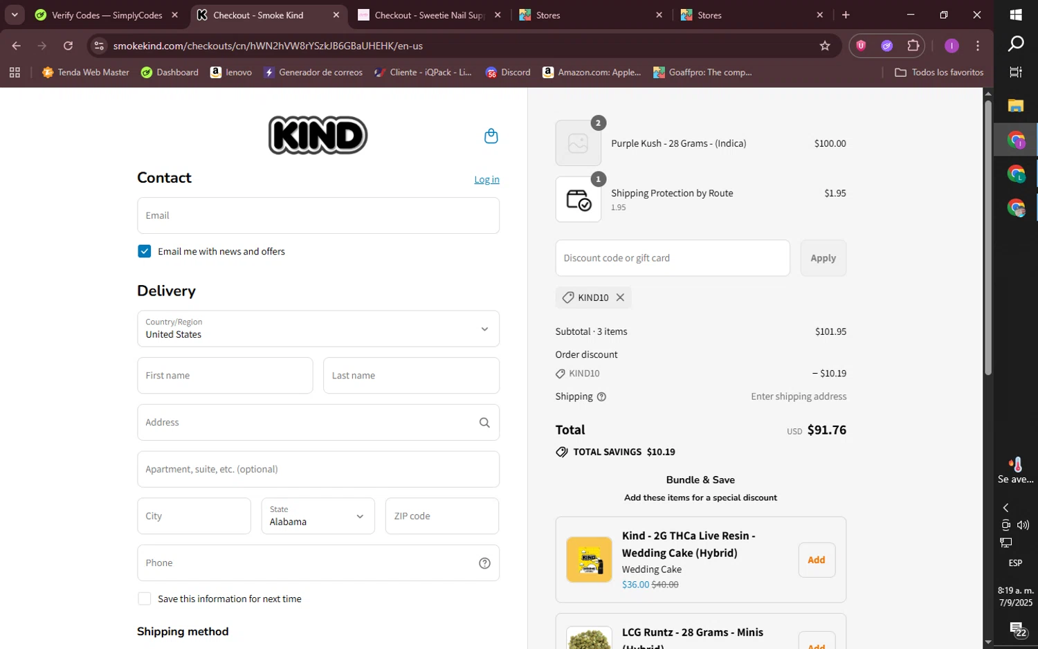 Smoke Kind discount code screenshot showing code KIND10 applied at Smoke Kind checkout page. Uploaded by SimplyCodes community member LiaCamila on Sep 7, 2025
