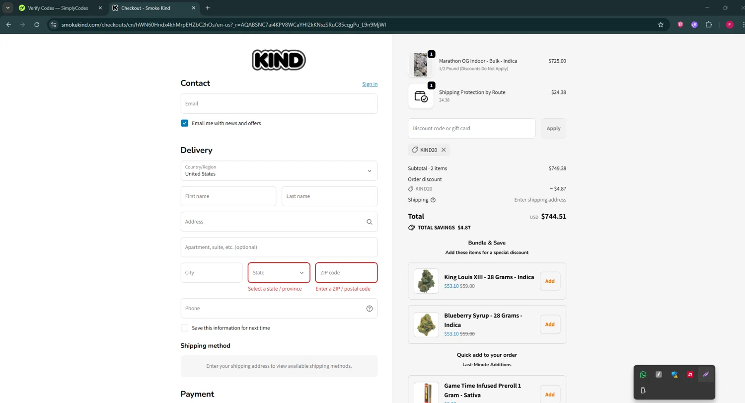 Smoke Kind discount code screenshot showing code KIND20 applied at Smoke Kind checkout page. Uploaded by SimplyCodes community member ExtraordinaryVirtuoso281 on Dec 3, 2025
