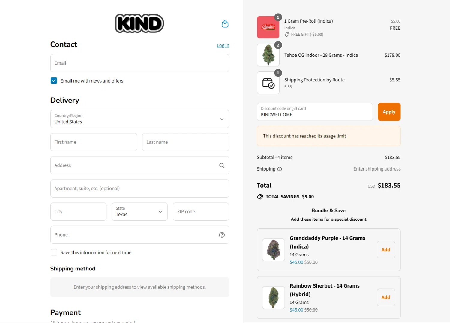 Smoke Kind discount code screenshot showing code KINDWELCOME applied at Smoke Kind checkout page. Uploaded by SimplyCodes community member SalePhoenix2220 on Aug 8, 2025