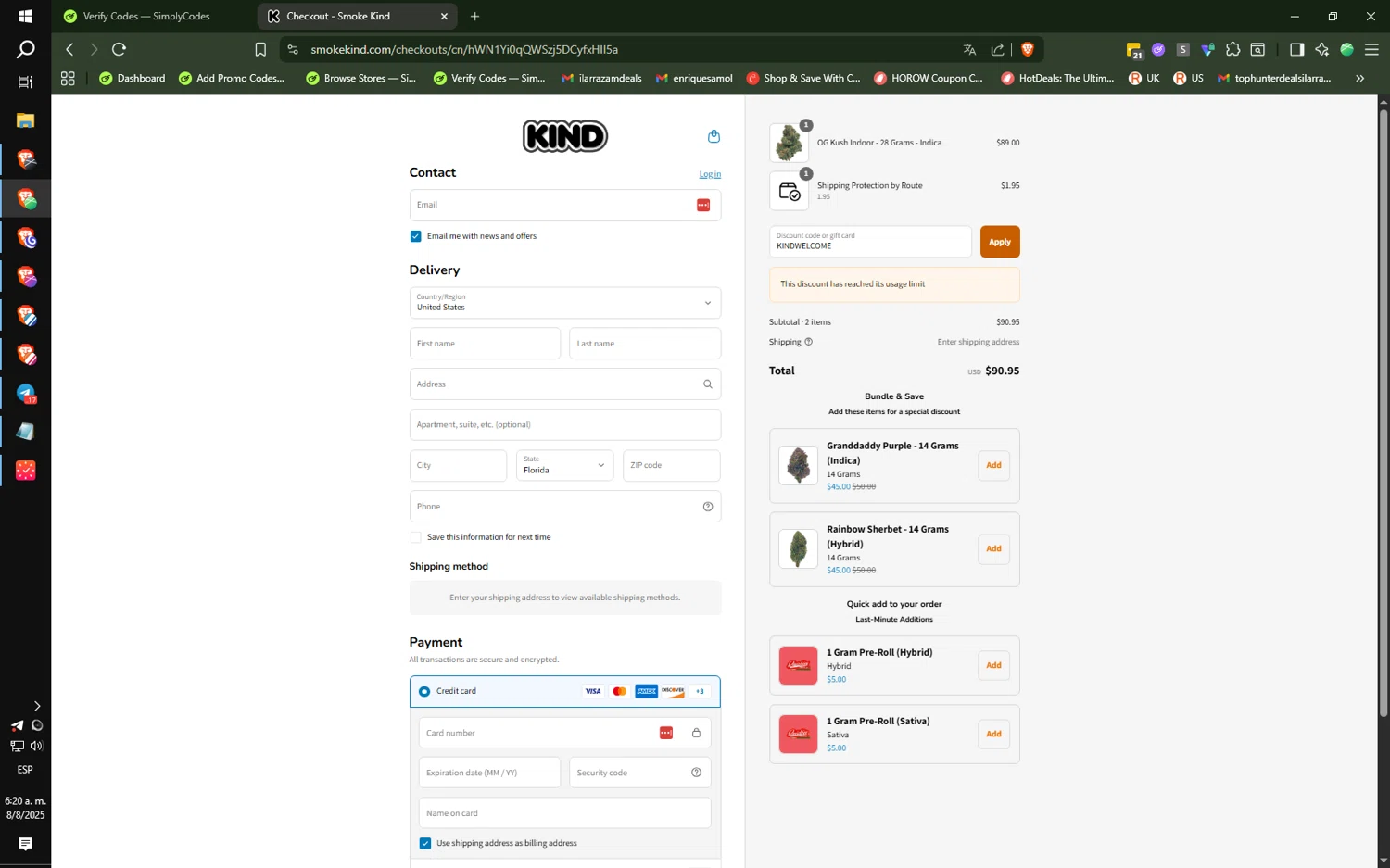 Smoke Kind discount code screenshot showing code KINDWELCOME applied at Smoke Kind checkout page. Uploaded by SimplyCodes community member SilentNova8472 on Aug 8, 2025