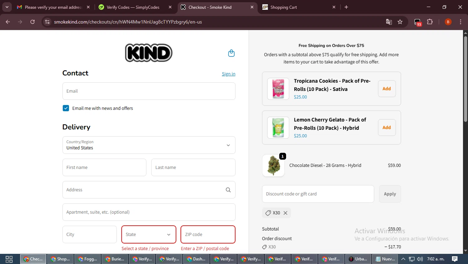 Smoke Kind discount code screenshot showing code X30 applied at Smoke Kind checkout page. Uploaded by SimplyCodes community member DiscountExpert6435 on Oct 21, 2025