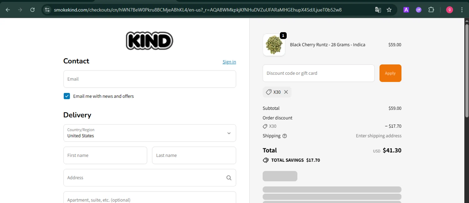 Smoke Kind checkout page showing Smoke Kind discount code box | Screenshot taken by SimplyCodes community member on Jan 3, 2026