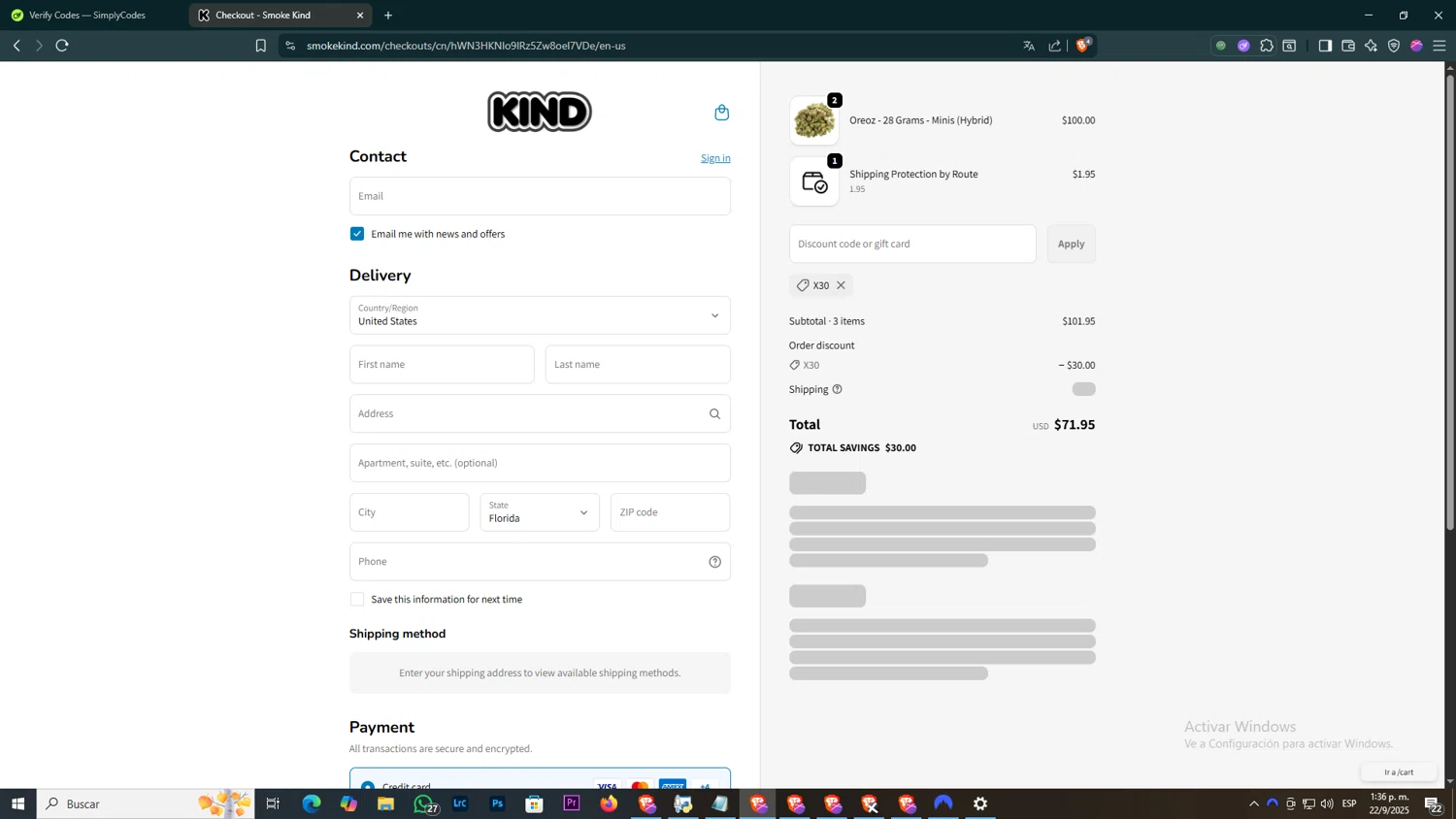 Smoke Kind discount code screenshot showing code X30 applied at Smoke Kind checkout page. Uploaded by SimplyCodes community member BOLITAS on Sep 22, 2025