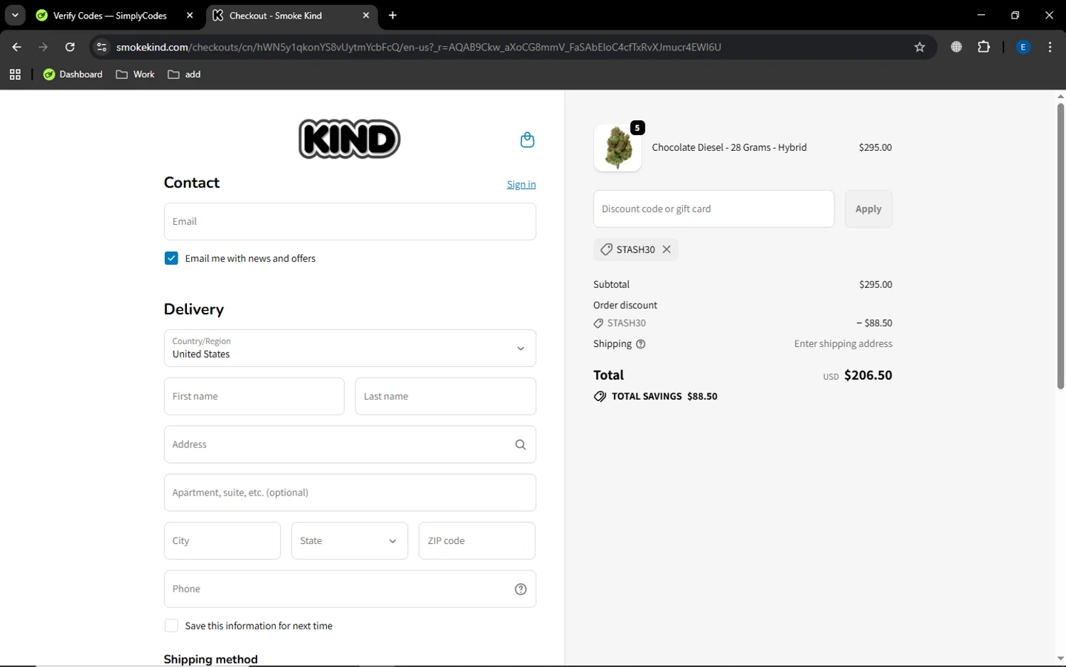 Smoke Kind discount code screenshot showing code STASH30 applied at Smoke Kind checkout page. Uploaded by SimplyCodes community member MoneyGenius452 on Dec 2, 2025