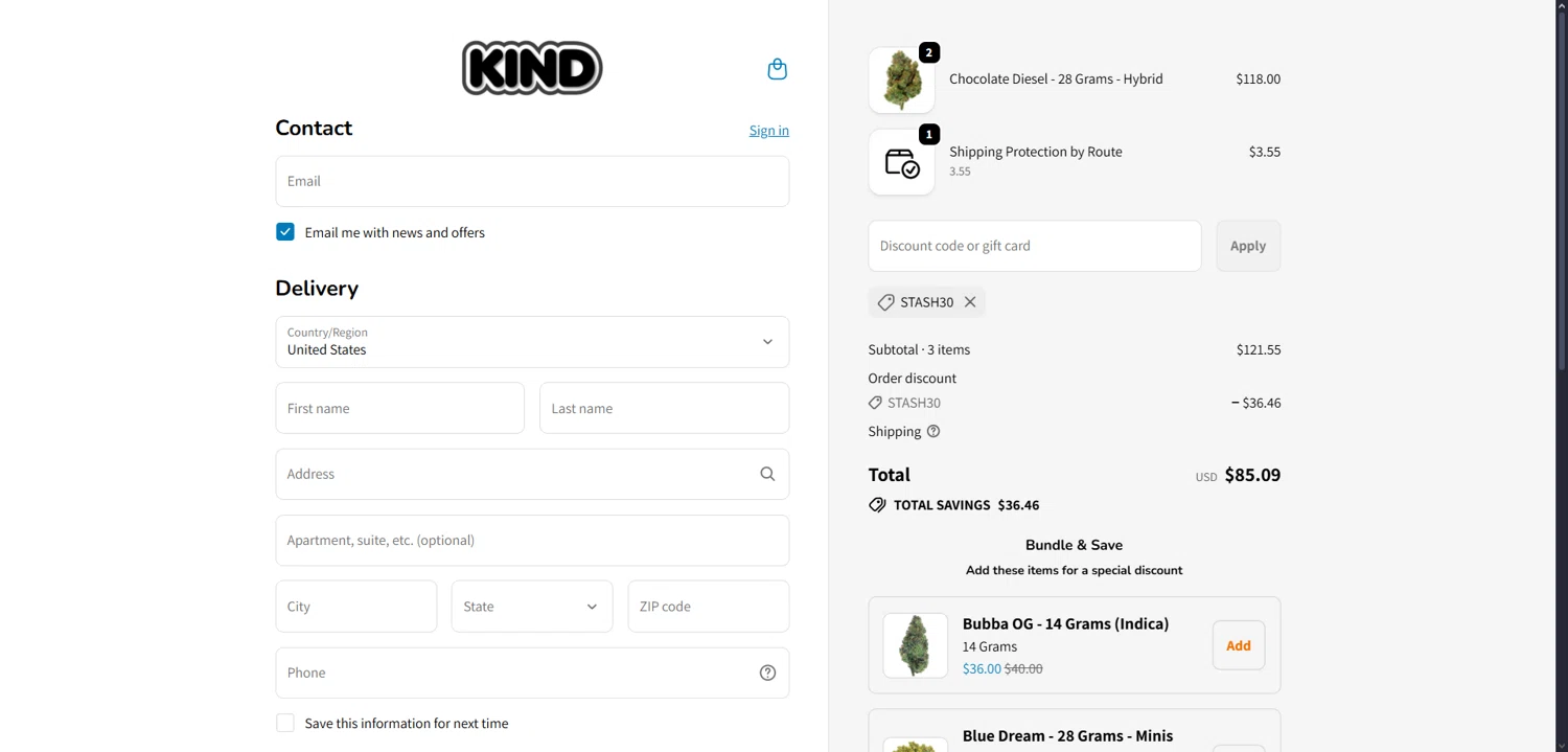 Smoke Kind discount code screenshot showing code STASH30 applied at Smoke Kind checkout page. Uploaded by SimplyCodes community member Dorothy on Oct 1, 2025
