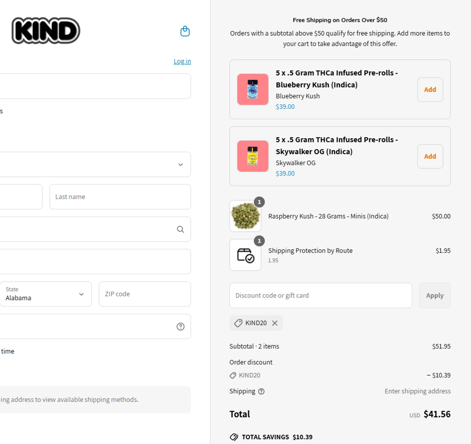 Smoke Kind discount code screenshot showing code KIND20 applied at Smoke Kind checkout page. Uploaded by SimplyCodes community member aumentadax10 on Jun 12, 2025