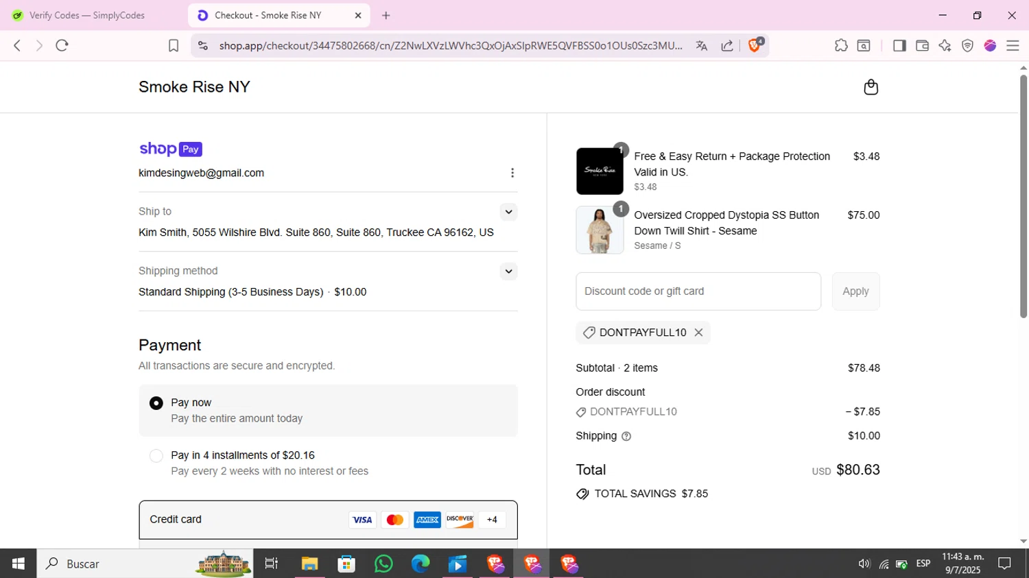Smoke Rise NY promo code screenshot showing code DONTPAYFULL10 applied at Smoke Rise NY checkout page. Uploaded by SimplyCodes community member KimChrista_ on Jul 9, 2025