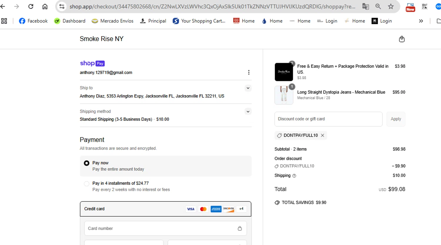 Smoke Rise NY promo code screenshot showing code DONTPAYFULL10 applied at Smoke Rise NY checkout page. Uploaded by SimplyCodes community member anthonydiaz1 on Jun 21, 2025