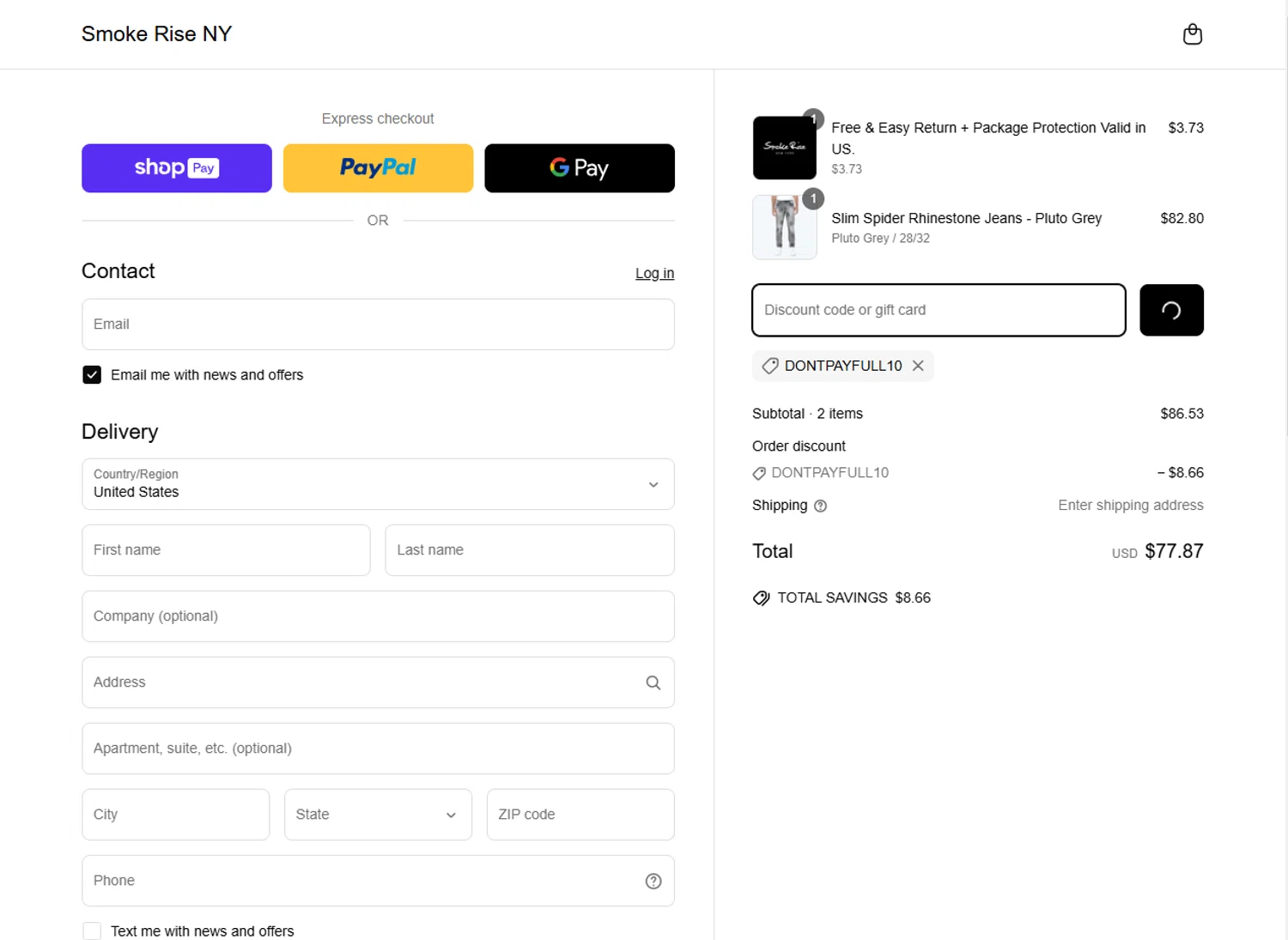 Smoke Rise NY promo code screenshot showing code DONTPAYFULL10 applied at Smoke Rise NY checkout page. Uploaded by SimplyCodes community member ShieldScout6572 on Mar 18, 2025