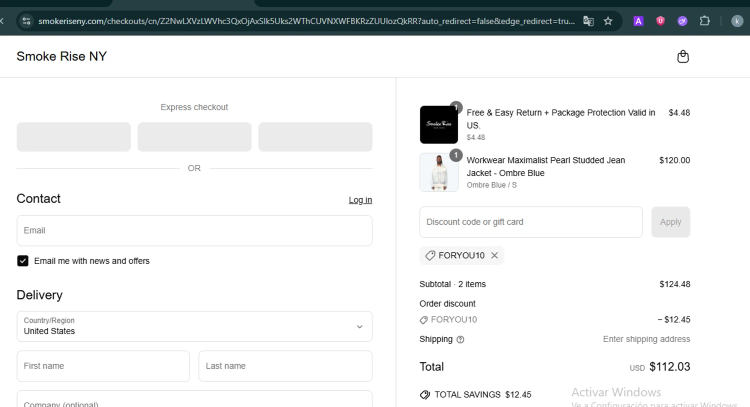 Smoke Rise NY promo code screenshot showing code FORYOU10 applied at Smoke Rise NY checkout page. Uploaded by SimplyCodes community member FortunateMaven6799 on Jun 21, 2025