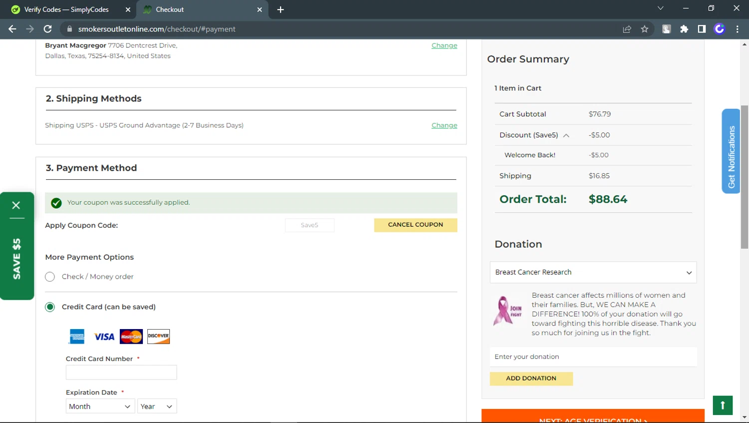 Smokers Outlet Online checkout page showing Smokers Outlet Online promo code box | Screenshot taken by SimplyCodes community member on Aug 11, 2024