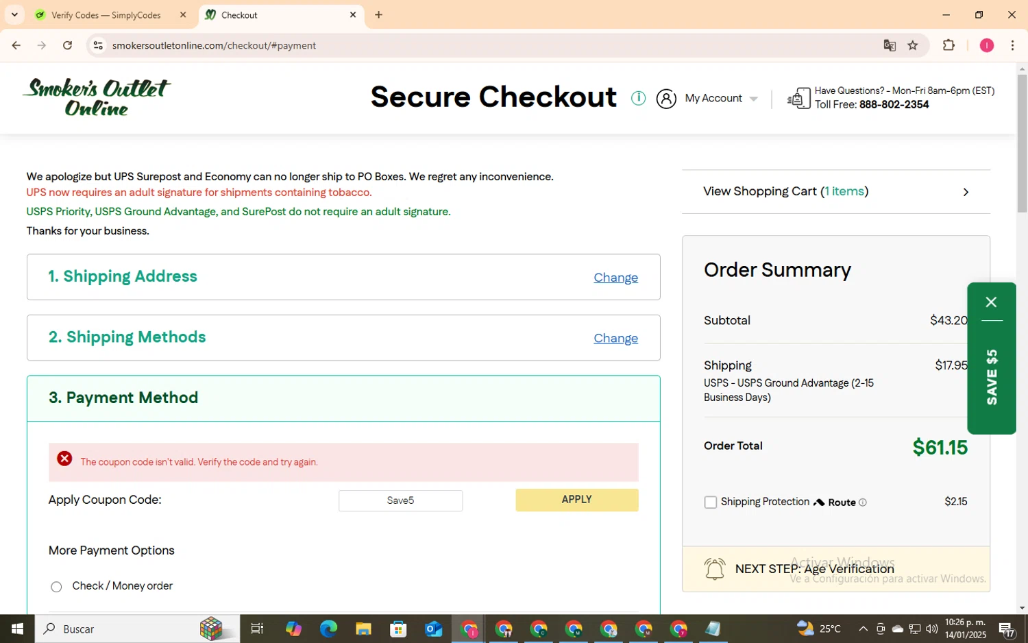 Smokers Outlet Online promo code screenshot showing code save5 applied at Smokers Outlet Online checkout page. Uploaded by SimplyCodes community member MightyGuardian8404 on Jan 15, 2025