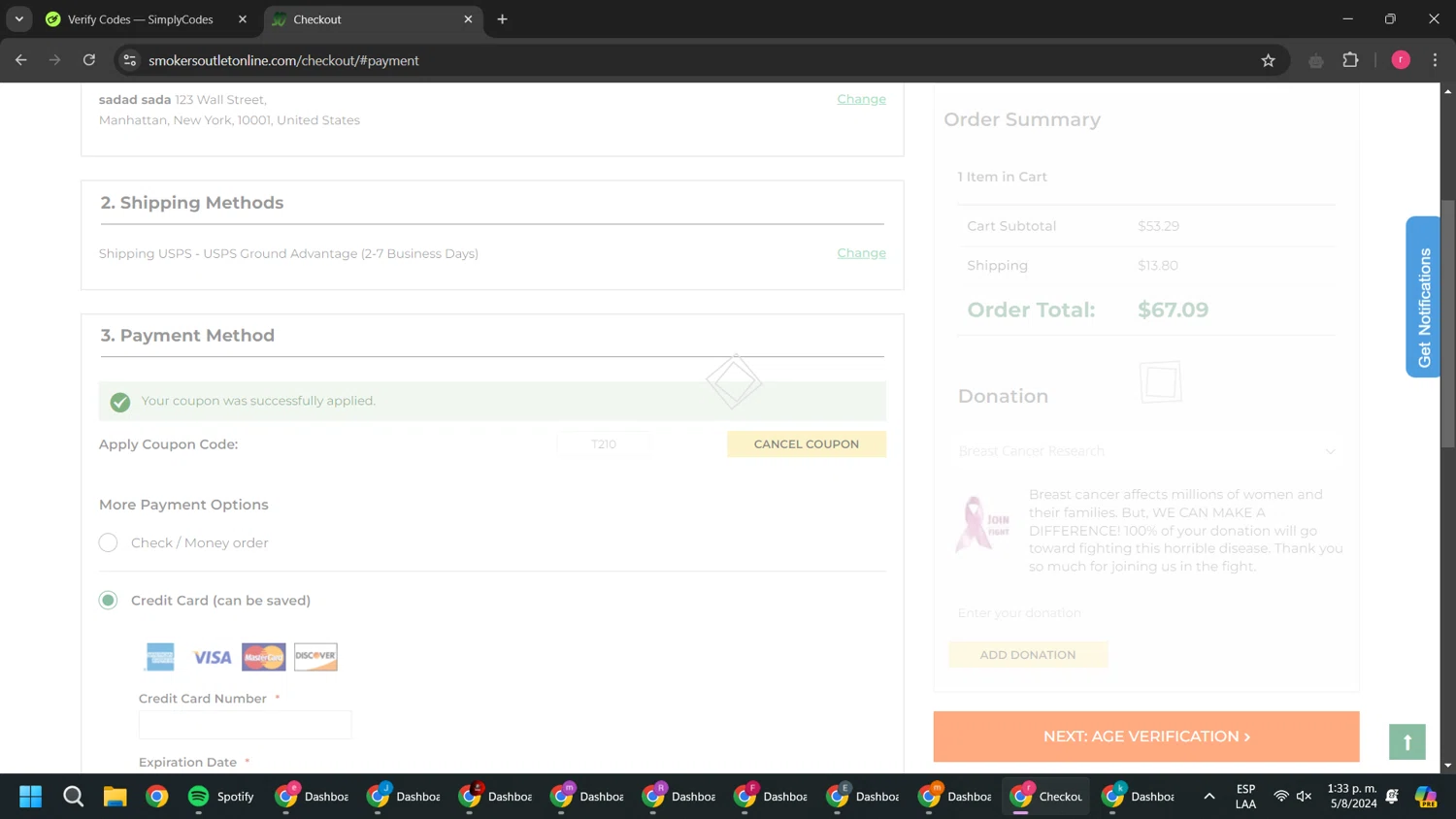 Smokers Outlet Online checkout page showing Smokers Outlet Online promo code box | Screenshot taken by SimplyCodes community member on Aug 5, 2024