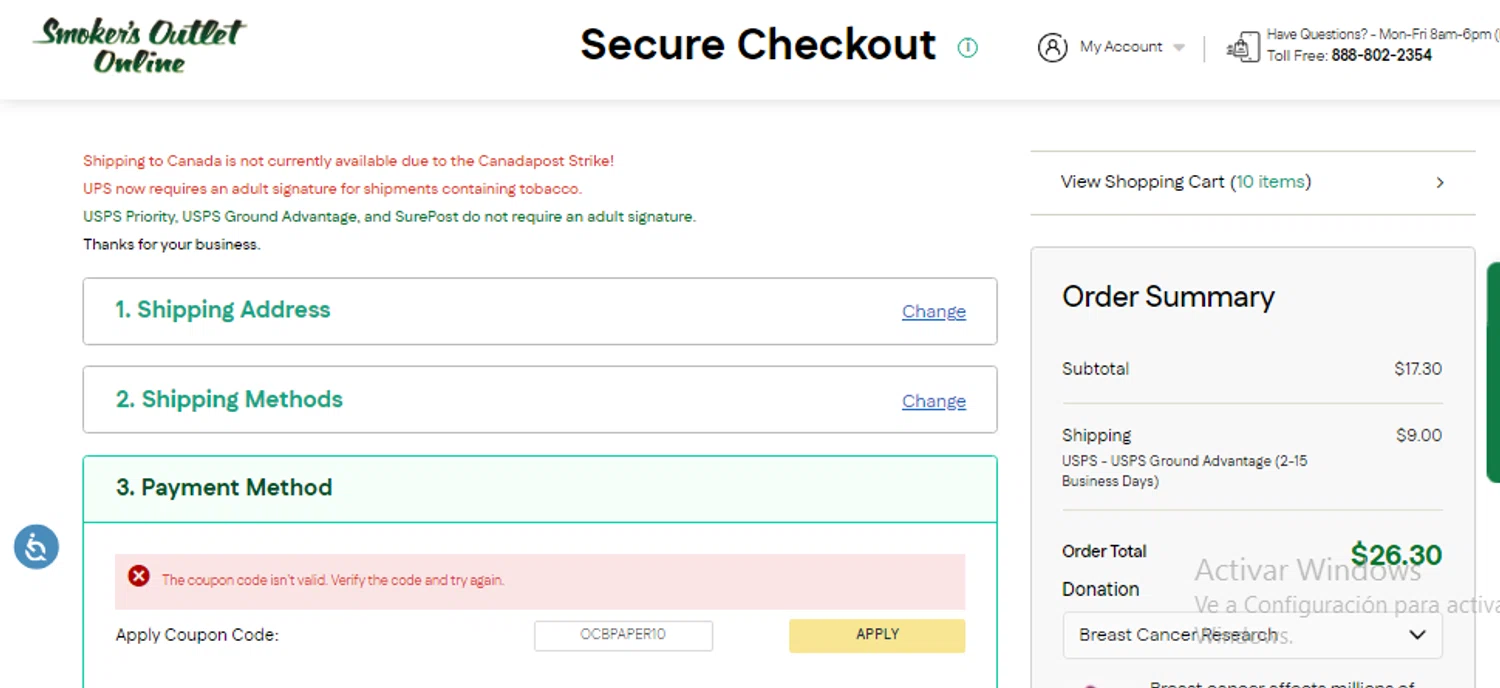 Smokers Outlet Online promo code screenshot showing code OCBPAPER10 applied at Smokers Outlet Online checkout page. Uploaded by SimplyCodes community member CouponSaver4196 on Dec 31, 2024
