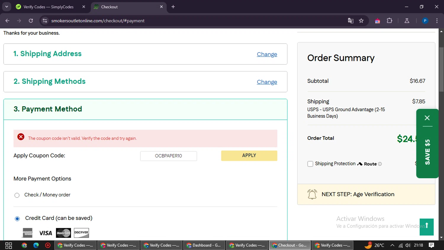 Smokers Outlet Online promo code screenshot showing code OCBPAPER10 applied at Smokers Outlet Online checkout page. Uploaded by SimplyCodes community member QuestExpert3096 on Feb 15, 2025