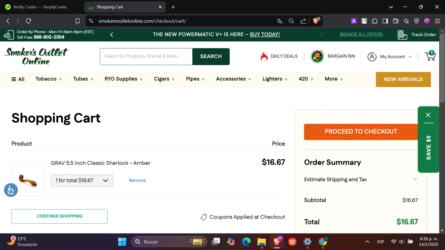 Smokers Outlet Online promo code screenshot showing code OCBPAPER10 applied at Smokers Outlet Online checkout page. Uploaded by SimplyCodes community member hanzell2 on Feb 15, 2025