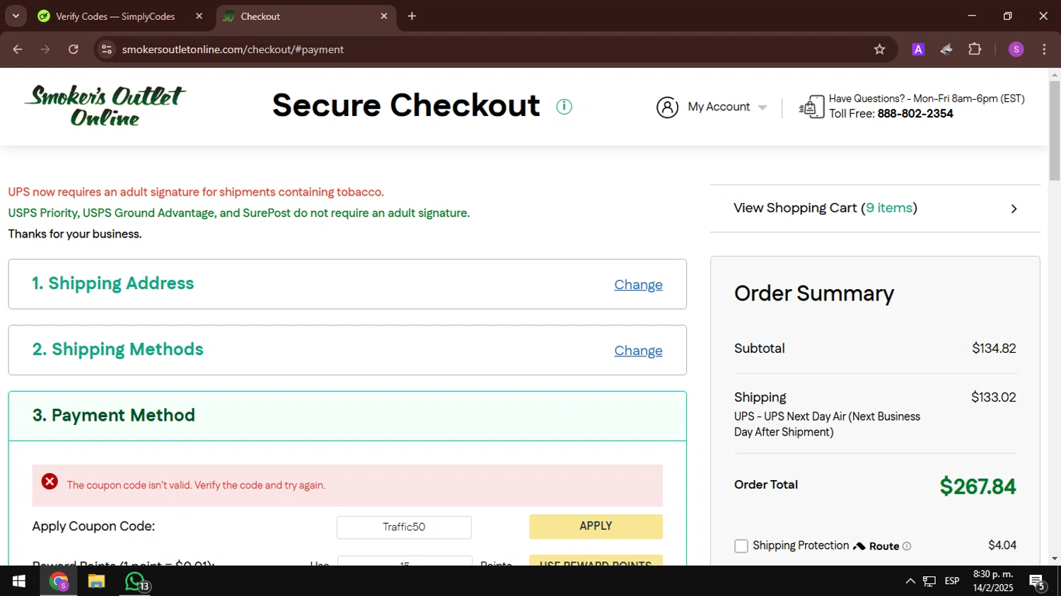Smokers Outlet Online promo code screenshot showing code traffic50 applied at Smokers Outlet Online checkout page. Uploaded by SimplyCodes community member AbusaGordas on Feb 15, 2025