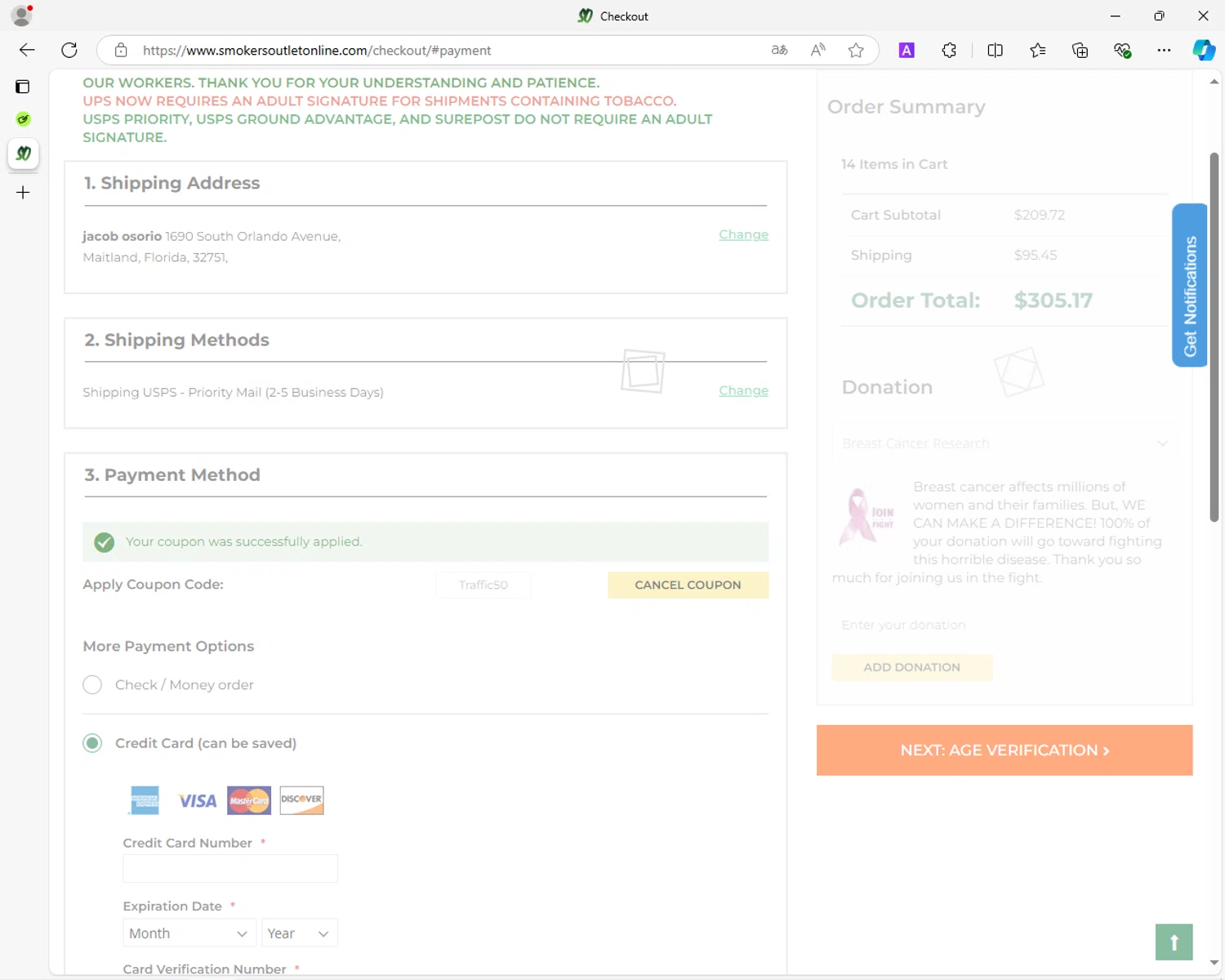 Smokers Outlet Online checkout page showing Smokers Outlet Online promo code box | Screenshot taken by SimplyCodes community member on Sep 19, 2024