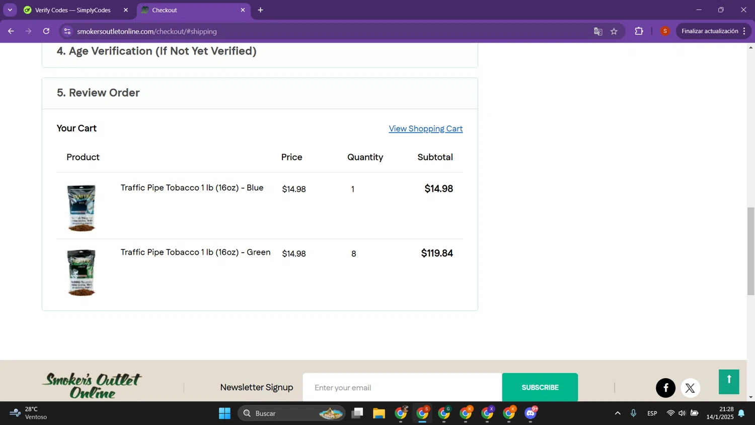 Smokers Outlet Online promo code screenshot showing code traffic50 applied at Smokers Outlet Online checkout page. Uploaded by SimplyCodes community member PrimeTracker2179 on Jan 15, 2025