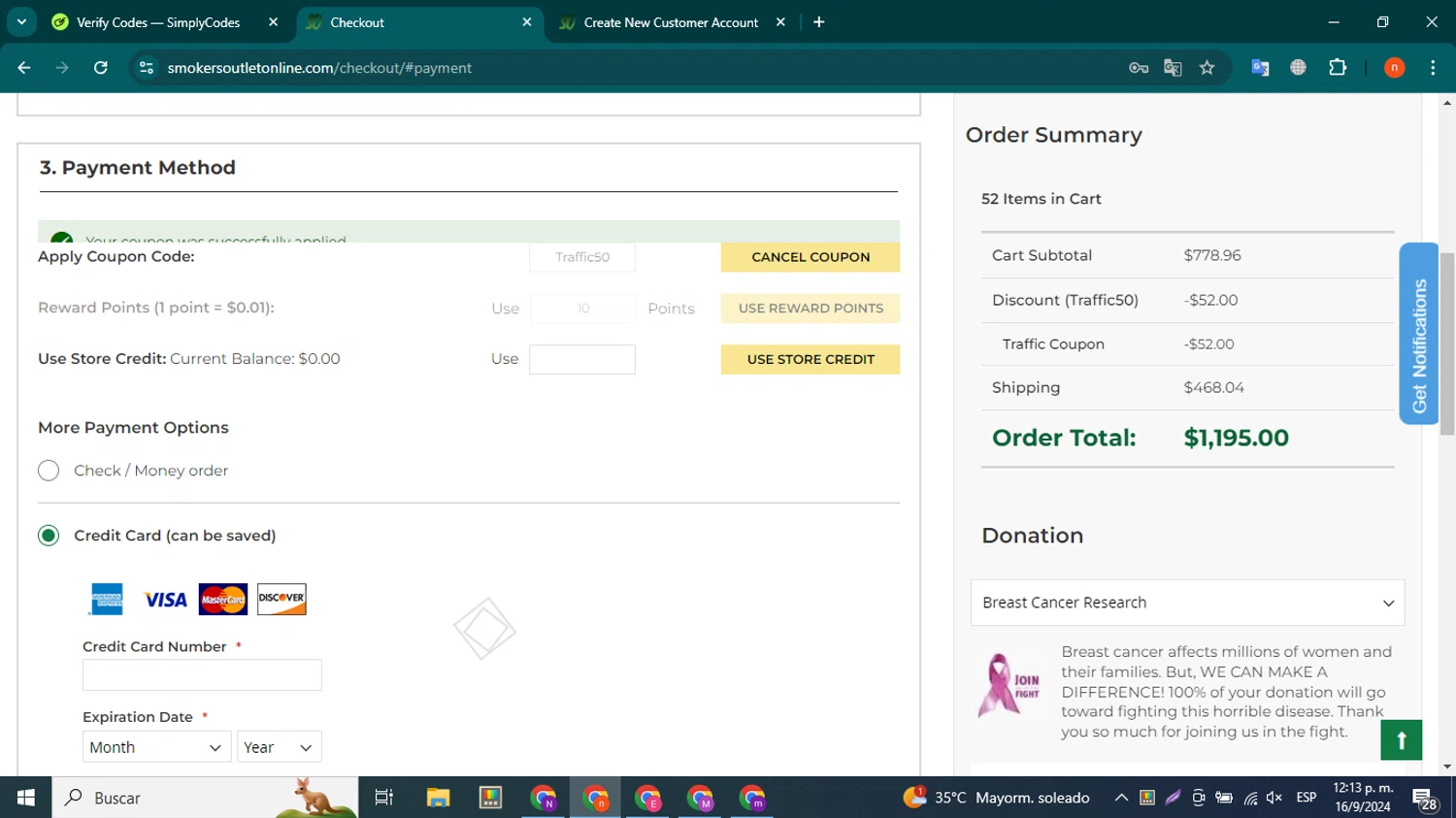 Smokers Outlet Online checkout page showing Smokers Outlet Online promo code box | Screenshot taken by SimplyCodes community member on Sep 16, 2024