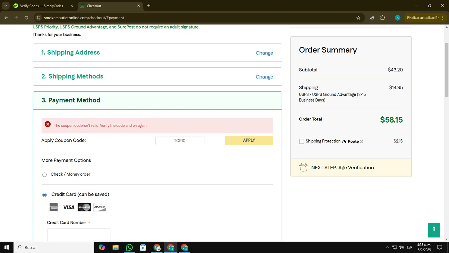 Smokers Outlet Online promo code screenshot showing code TOP10 applied at Smokers Outlet Online checkout page. Uploaded by SimplyCodes community member Blackmesa on Feb 5, 2025