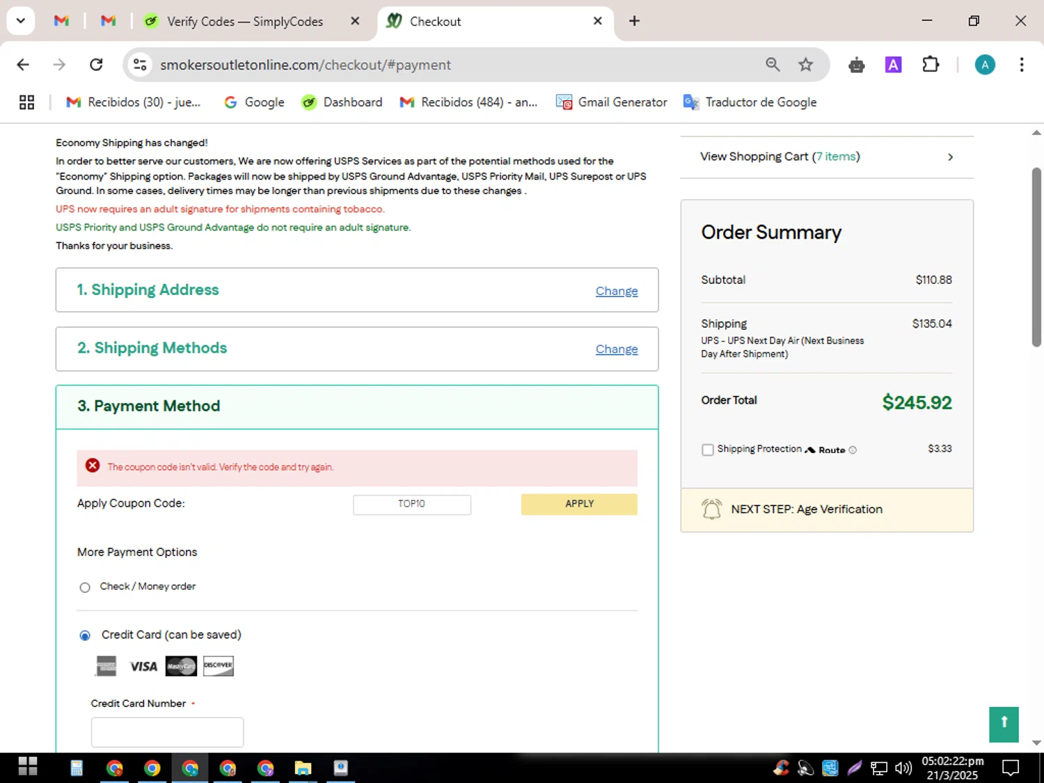 Smokers Outlet Online promo code screenshot showing code TOP10 applied at Smokers Outlet Online checkout page. Uploaded by SimplyCodes community member SavingsScout358 on Mar 21, 2025