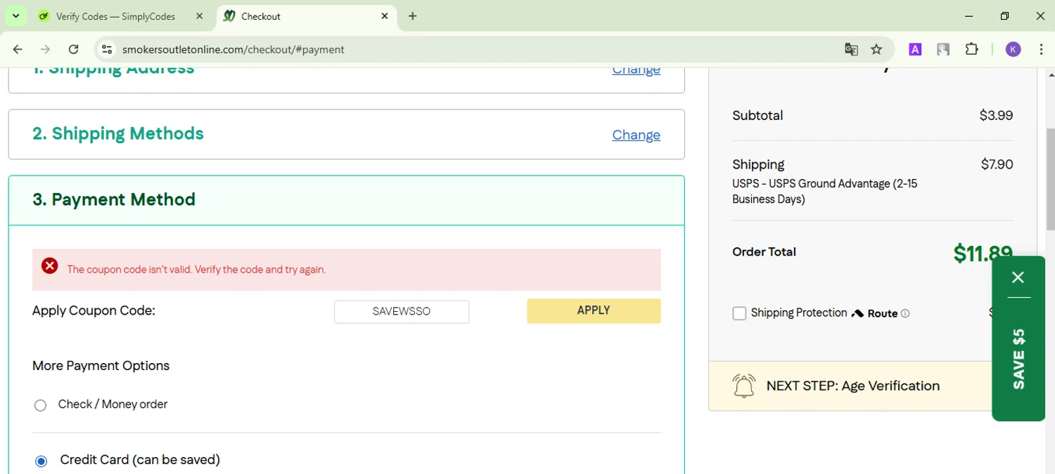 Smokers Outlet Online promo code screenshot showing code SAVEWSSO applied at Smokers Outlet Online checkout page. Uploaded by SimplyCodes community member FortunateDefender3676 on Jan 24, 2025