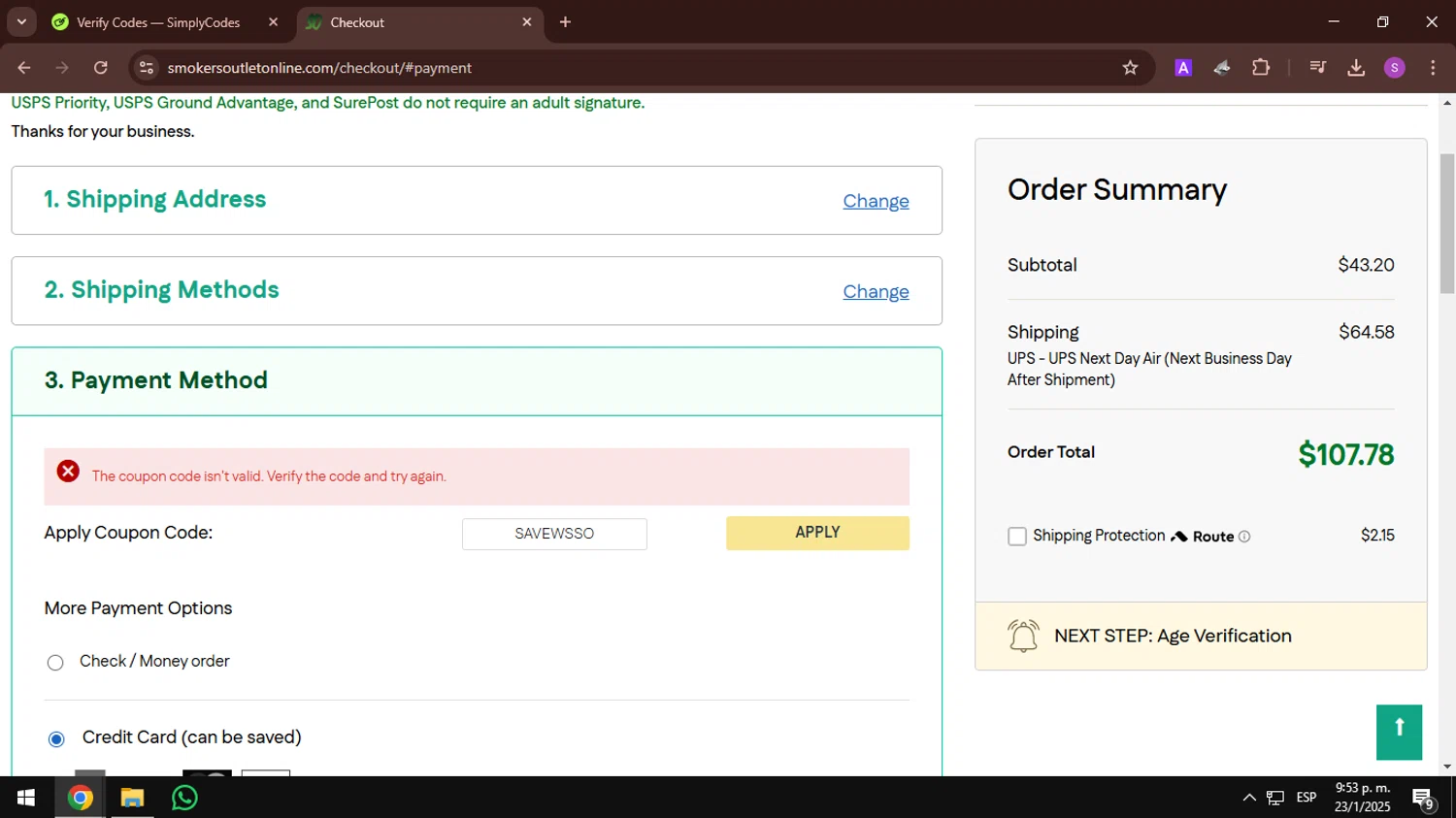Smokers Outlet Online promo code screenshot showing code SAVEWSSO applied at Smokers Outlet Online checkout page. Uploaded by SimplyCodes community member AbusaGordas on Jan 24, 2025