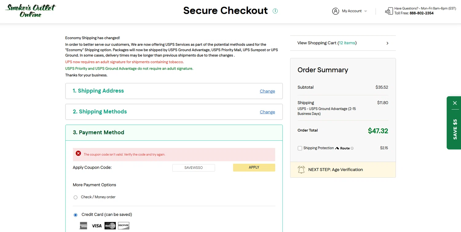 Smokers Outlet Online promo code screenshot showing code SAVEWSSO applied at Smokers Outlet Online checkout page. Uploaded by SimplyCodes community member DealOwl558 on Mar 1, 2025
