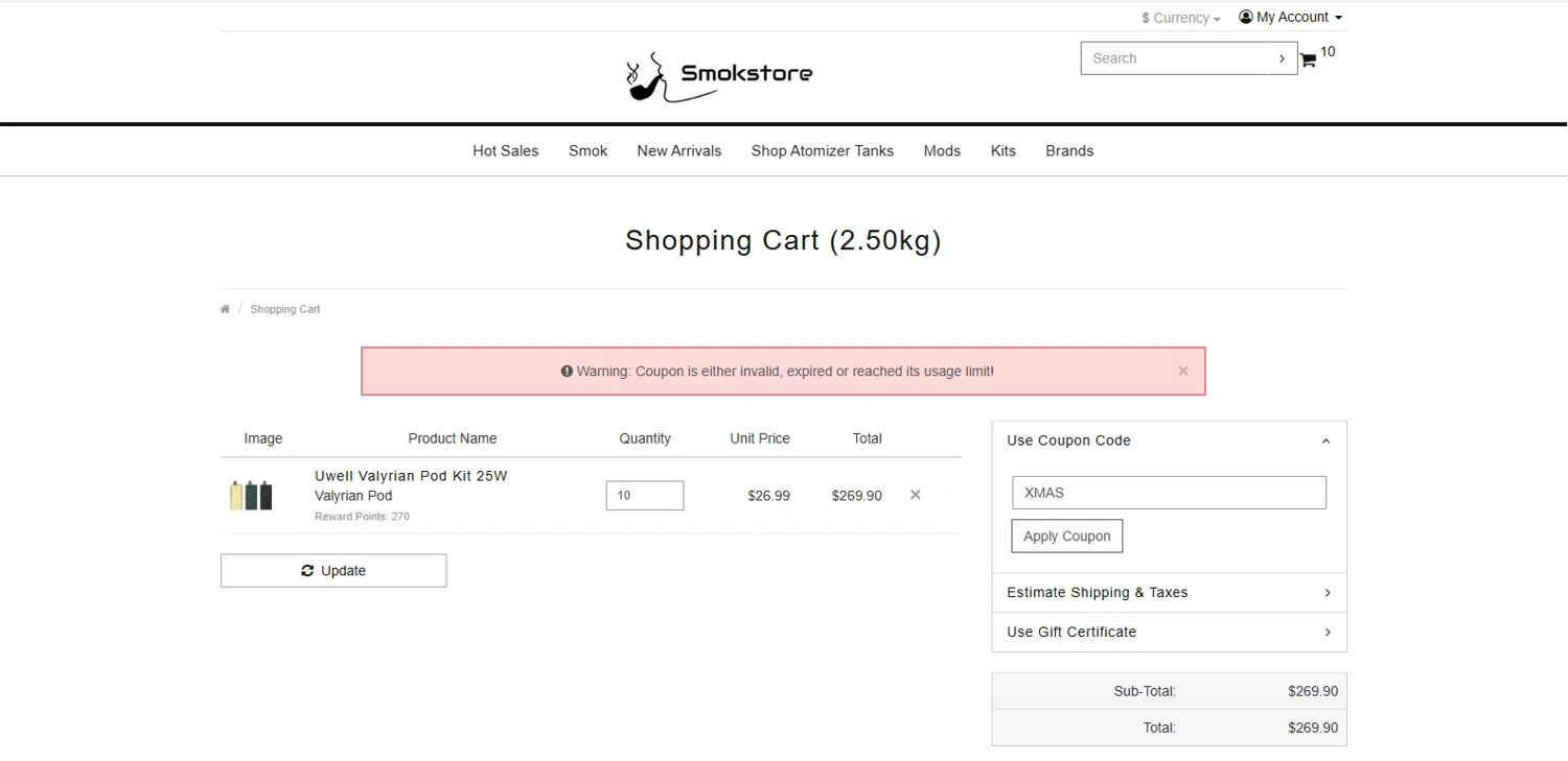 Smokstore coupon code screenshot showing code XMAS applied at Smokstore checkout page. Uploaded by SimplyCodes community member MagnifiHero3476 on Jan 3, 2026