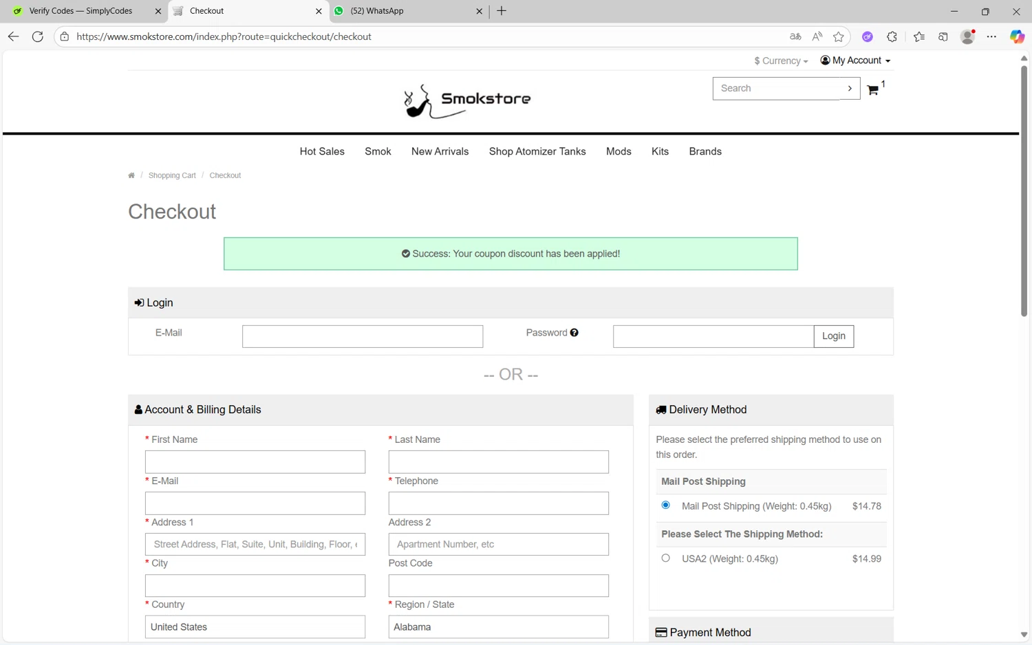 Smokstore coupon code screenshot showing code smokstore applied at Smokstore checkout page. Uploaded by SimplyCodes community member juanx1702 on Sep 25, 2025