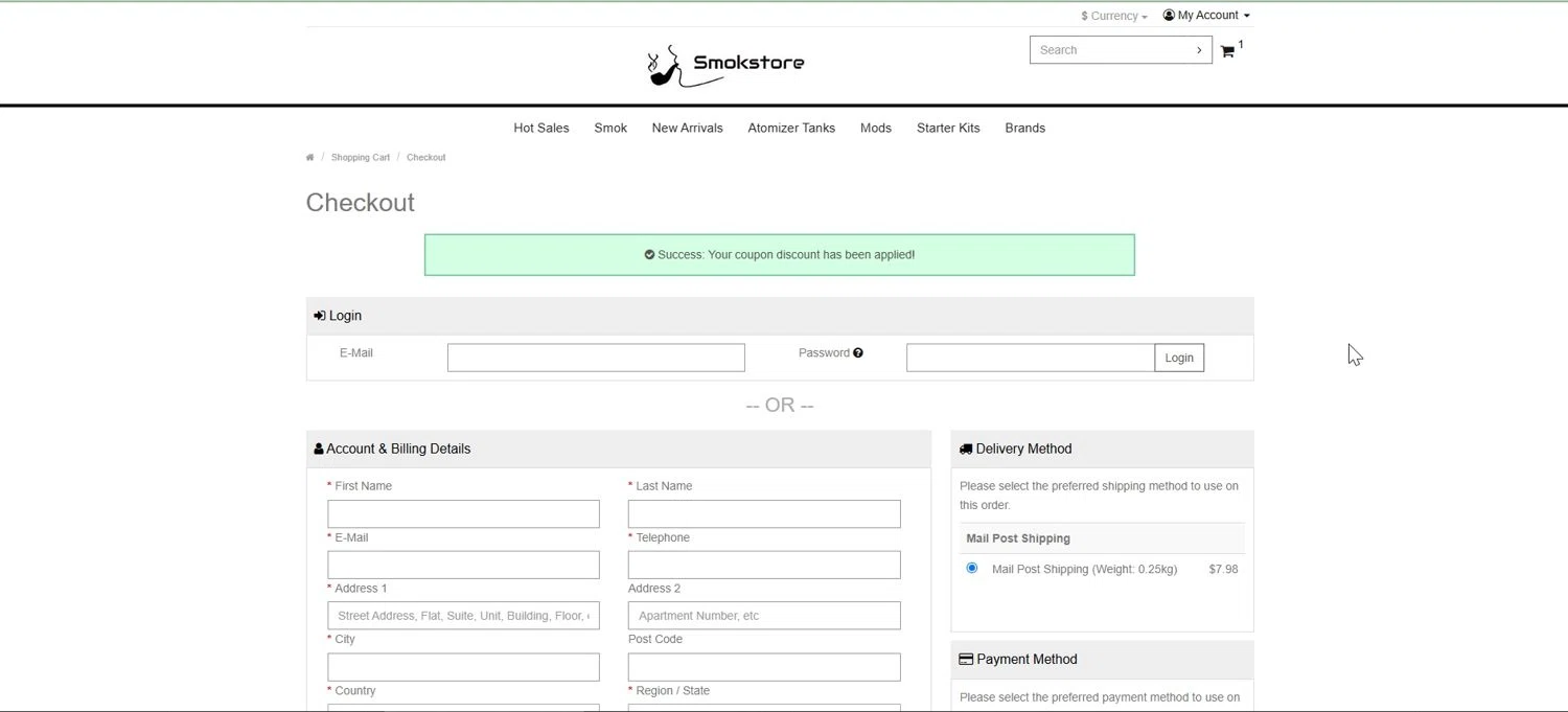 Smokstore coupon code screenshot showing code NORD2 applied at Smokstore checkout page. Uploaded by SimplyCodes community member JoseAldo on Jan 25, 2025