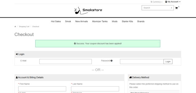 Smokstore checkout page showing Smokstore coupon code box | Screenshot taken by SimplyCodes community member on Feb 23, 2025