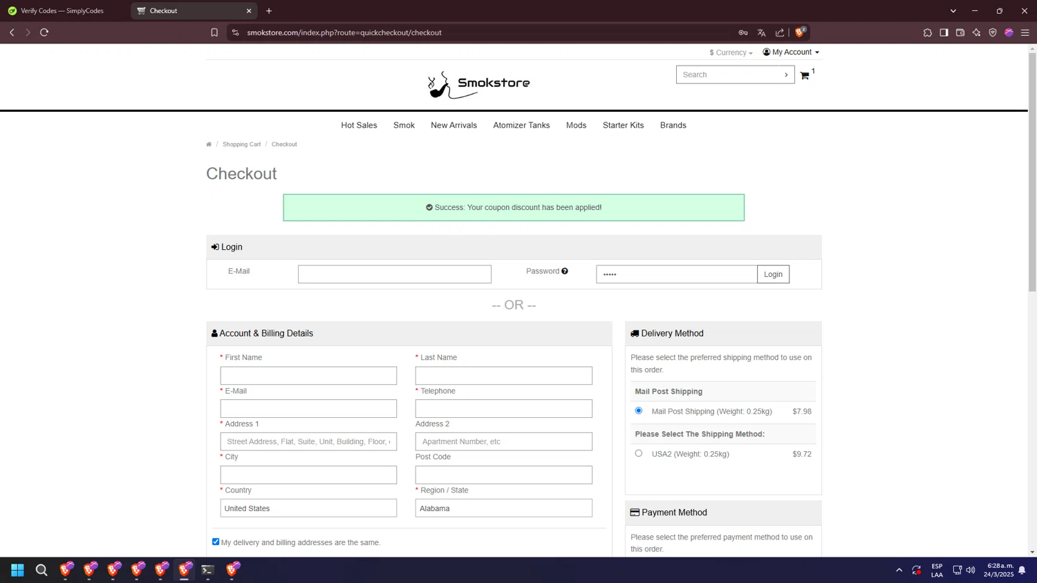 Smokstore coupon code screenshot showing code NORD2 applied at Smokstore checkout page. Uploaded by SimplyCodes community member jakycham2020 on Mar 24, 2025