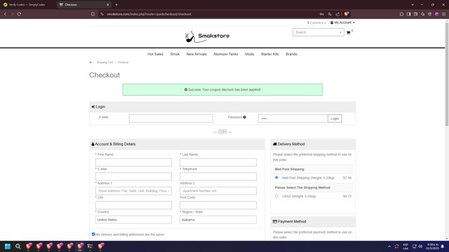 Smokstore checkout page showing Smokstore coupon code box | Screenshot taken by SimplyCodes community member on Mar 24, 2025