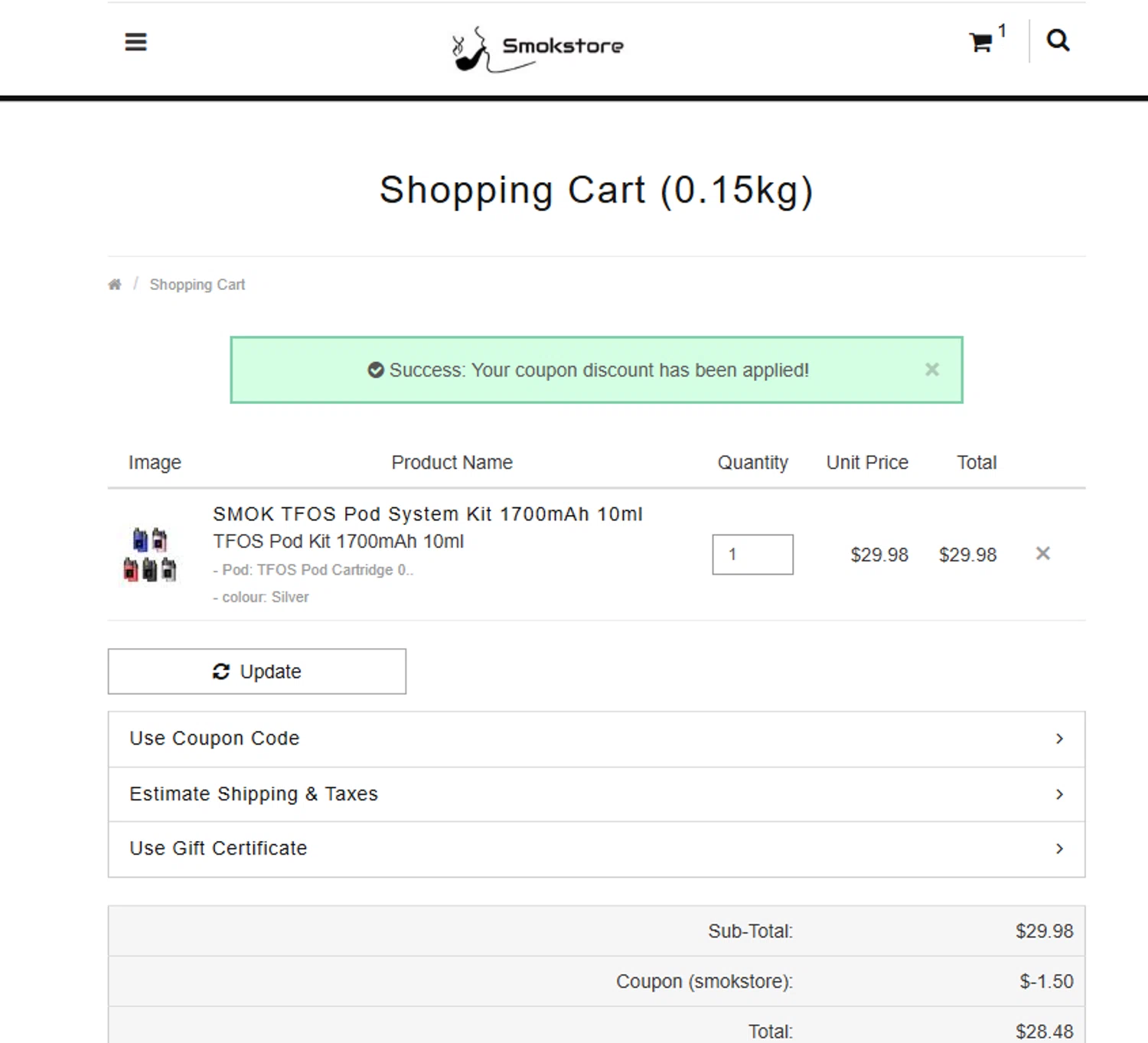 Smokstore coupon code screenshot showing code smokstore applied at Smokstore checkout page. Uploaded by SimplyCodes community member ashe1986 on Sep 4, 2025