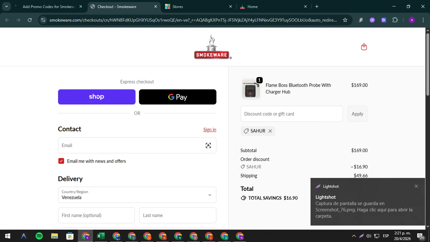 Smokeware promo code screenshot showing code sahur applied at Smokeware checkout page. Uploaded by SimplyCodes community member CoinElite8997 on Apr 20, 2026