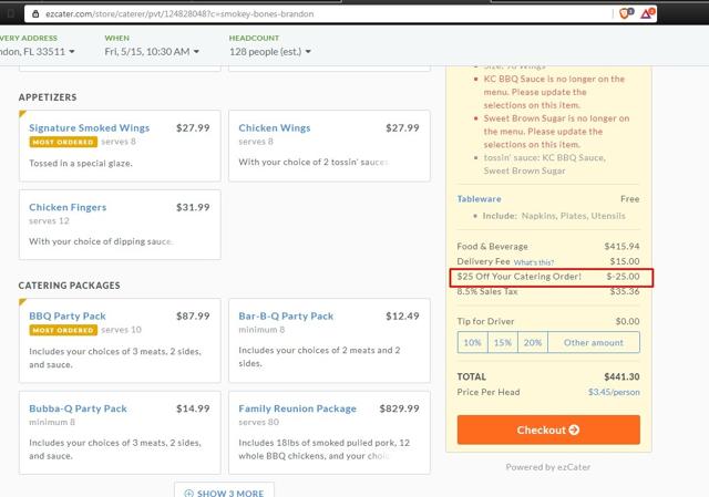 Smokey Bones checkout page showing Smokey Bones promo code box | Screenshot taken by SimplyCodes community member on May 13, 2020