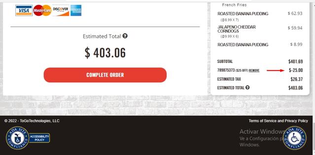 Smokey Bones checkout page showing Smokey Bones promo code box | Screenshot taken by SimplyCodes community member on Jul 31, 2022