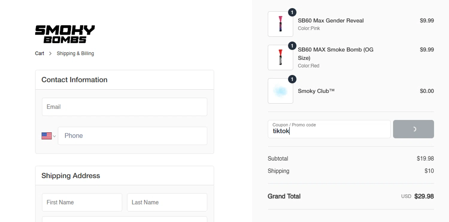 SmokyBombs promo code screenshot showing code tiktok applied at SmokyBombs checkout page. Uploaded by SimplyCodes community member fettywap on Dec 15, 2025