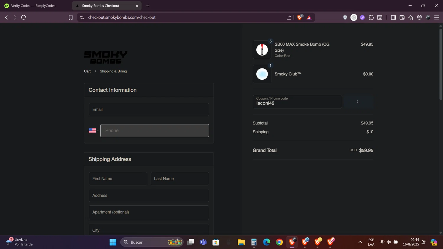 SmokyBombs promo code screenshot showing code tiktok applied at SmokyBombs checkout page. Uploaded by SimplyCodes community member Caraxes on Aug 16, 2025
