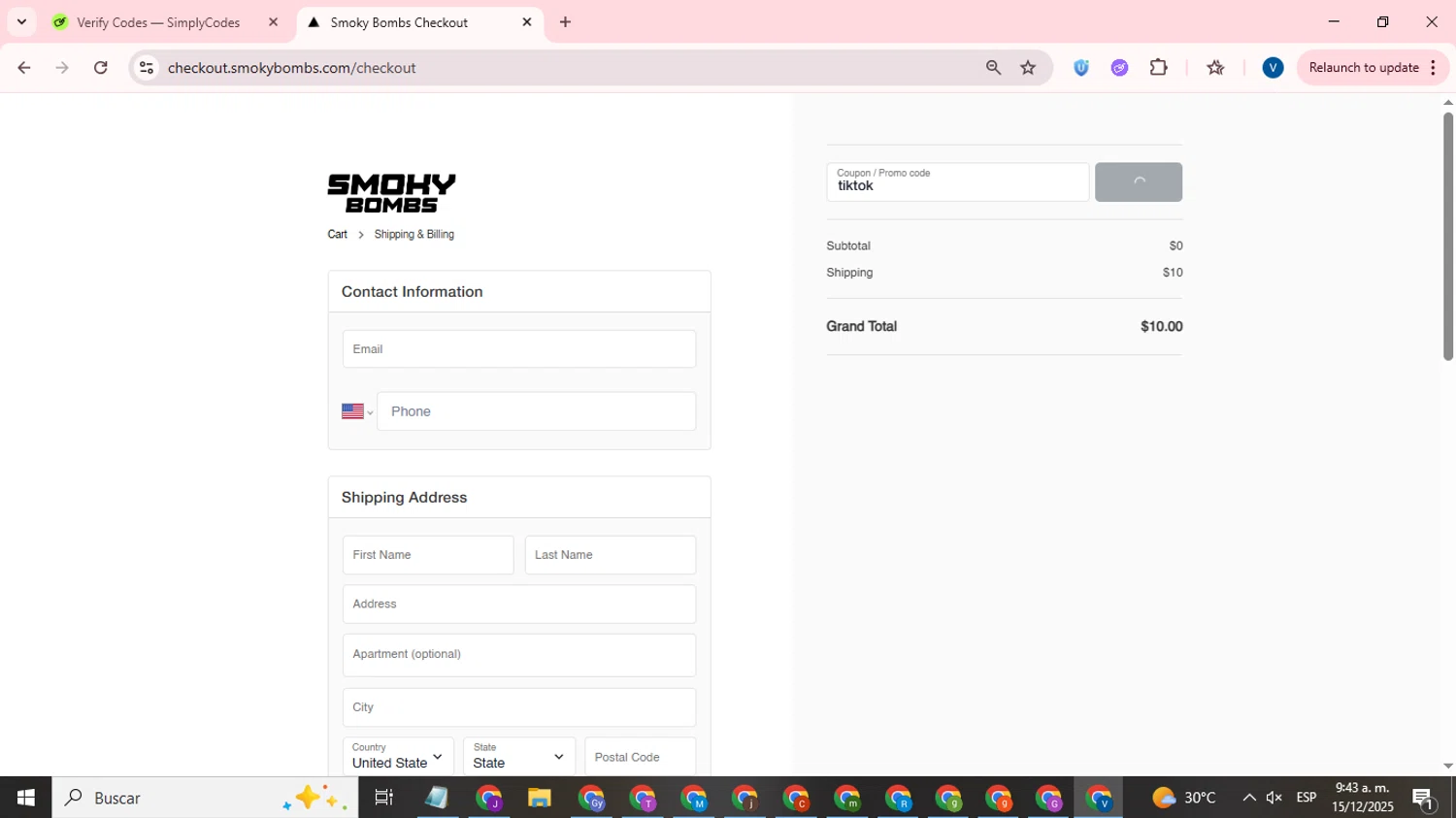 SmokyBombs promo code screenshot showing code tiktok applied at SmokyBombs checkout page. Uploaded by SimplyCodes community member CrownTitan5376 on Dec 15, 2025